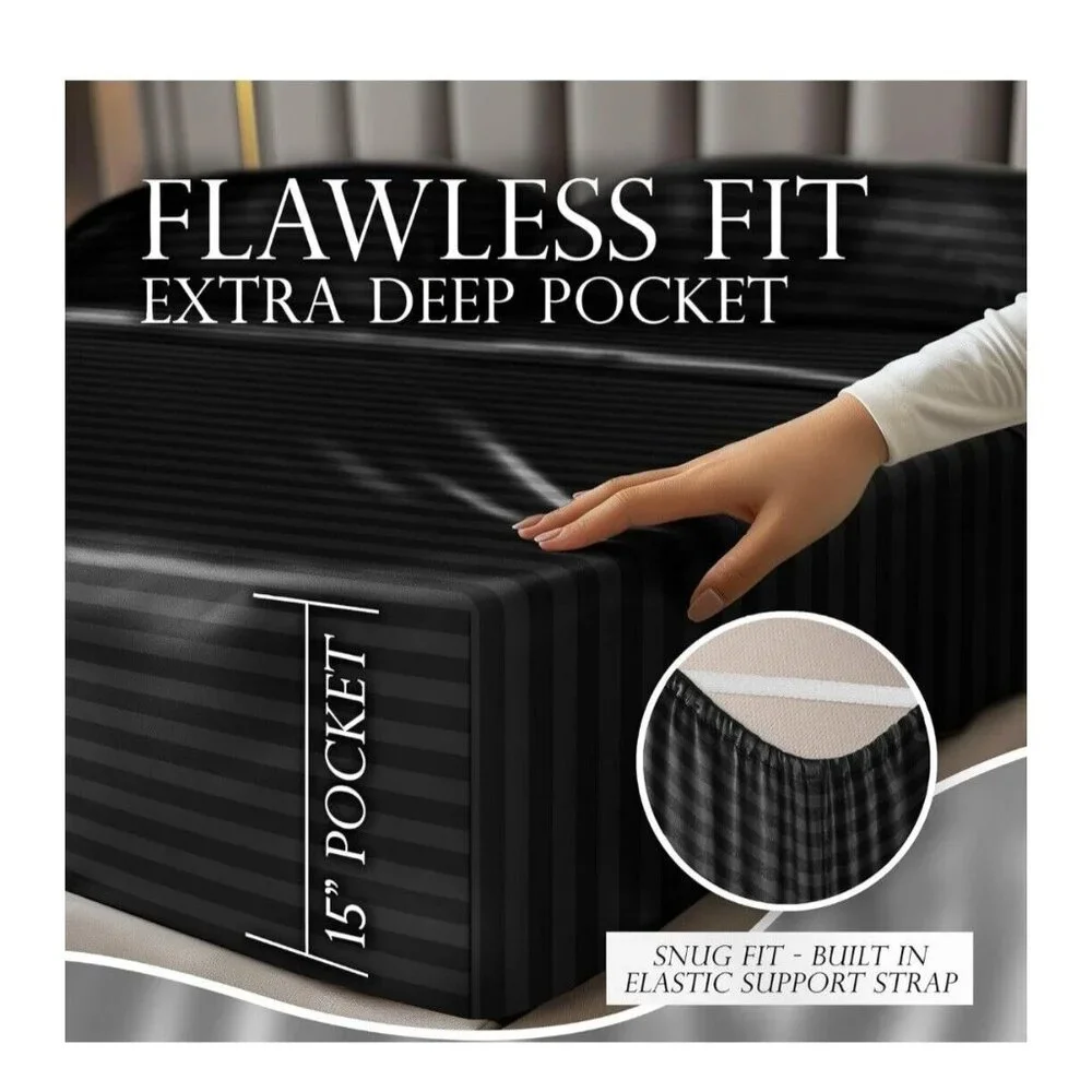 Luxury Satin Sheet Set‎ Twin Black Stripped With Pillowcases Deep Pocket